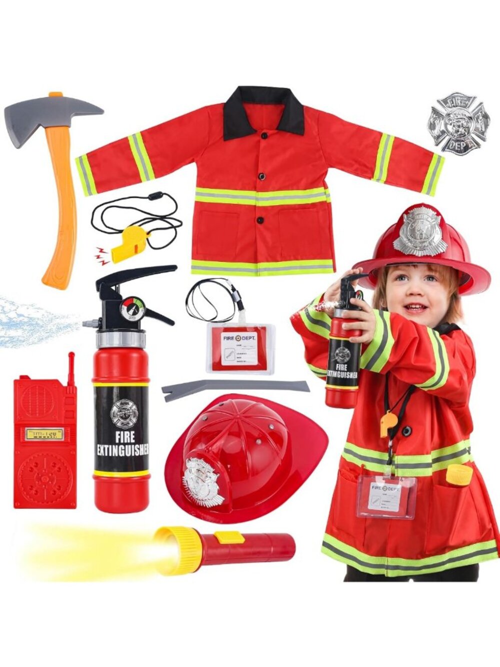 Kids Firefighter Costume Set - 10 Pcs Role Play Outfit & Toy Accessories for